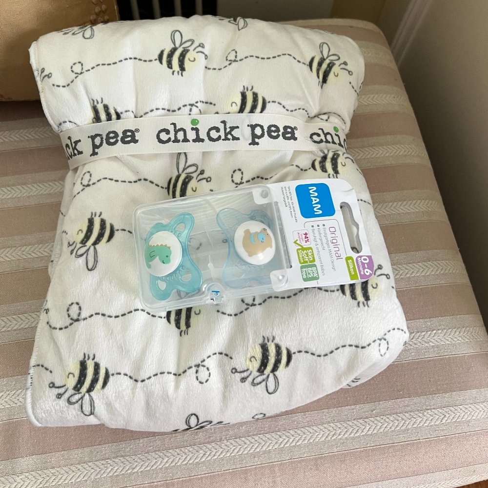 Baby Items - Blanket, Pacifier and cute 6-9 month outfit